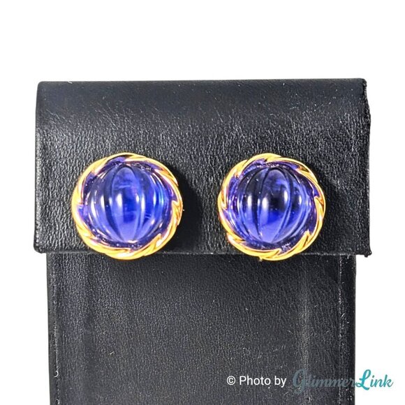 Vintage Avon 90s Raj Simulated Sapphire Round Lucite Gold Tone Clip On Earrings - Picture 1 of 8